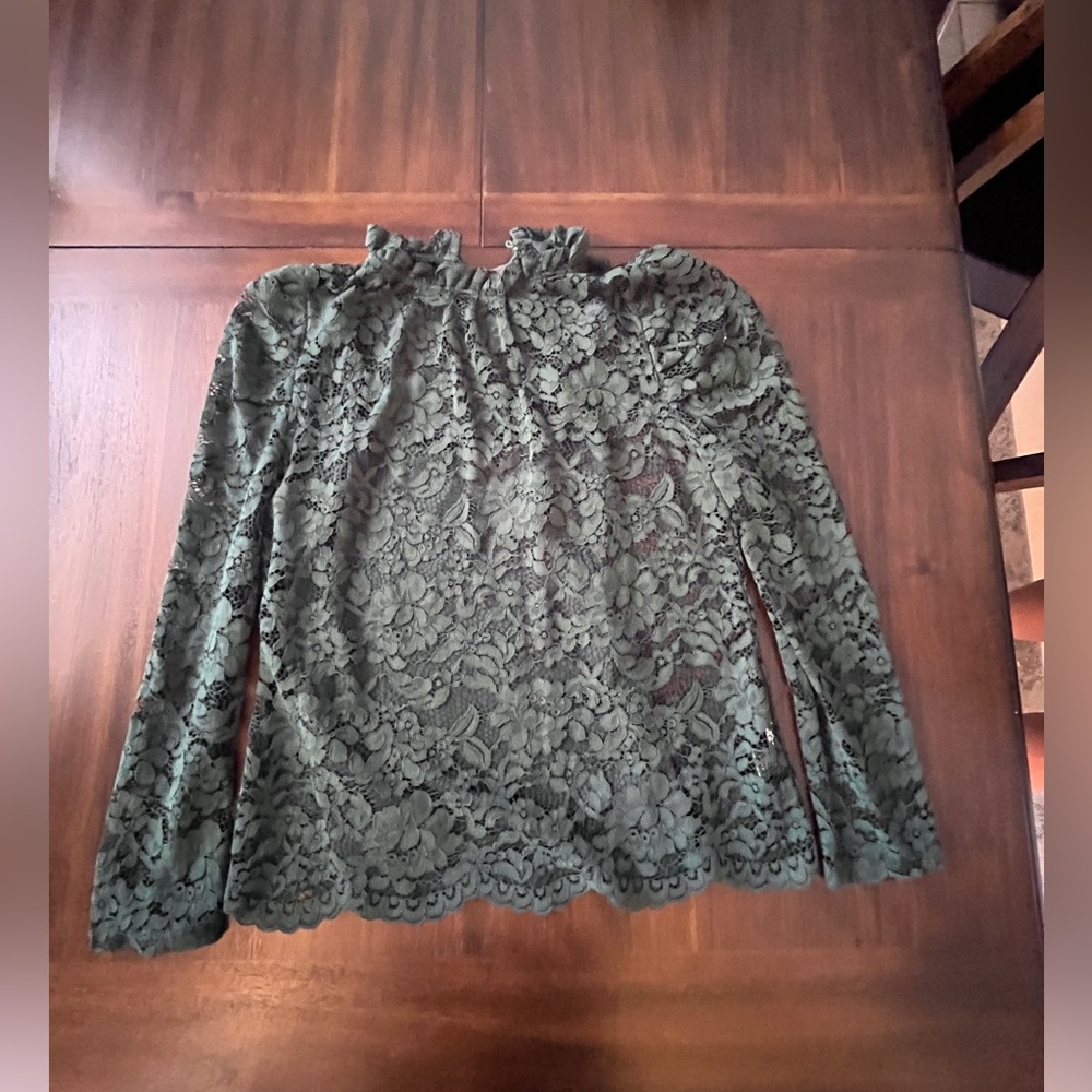 Anthropologie Adiva Olive Lace Long-Sleeve Ruffle Neck Blouse with Cami NWT
